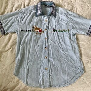 Vintage Stripe Cotton Blue White M WAYTOGO Embroidered Farm Cows Barn